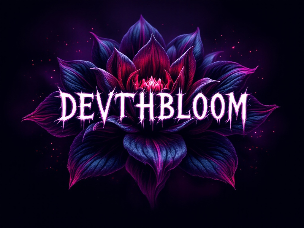 blackened horror background, with purple and red undertone glows, spelling the word DEVTHBLOOM inside of a death bloom flower. Make it as a brand for a business logo