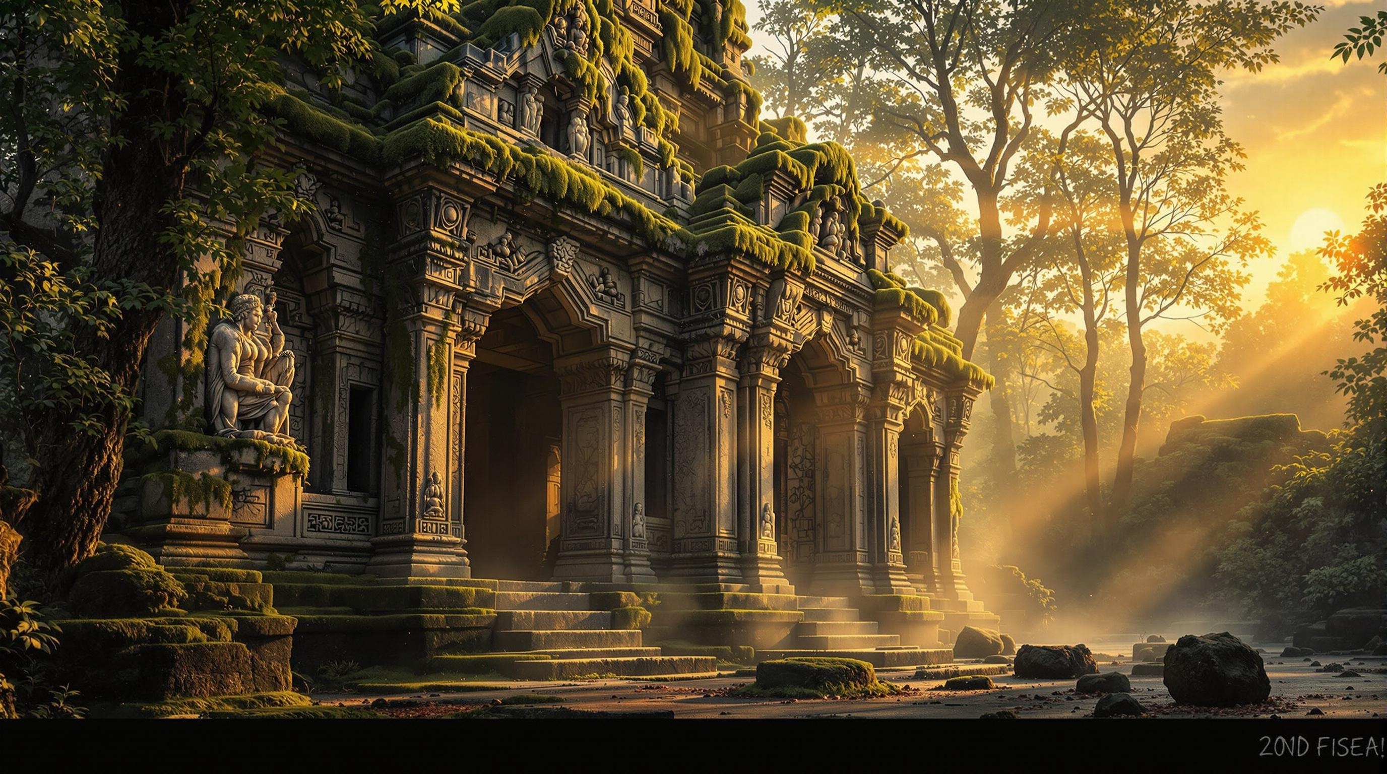 Show an ancient stone temple partially covered in moss, set in a lush forest. The scene captures the golden hues of sunrise as the first rays illuminate the temple’s carvings. Include faint mist around the structure for a mystical atmosphere
