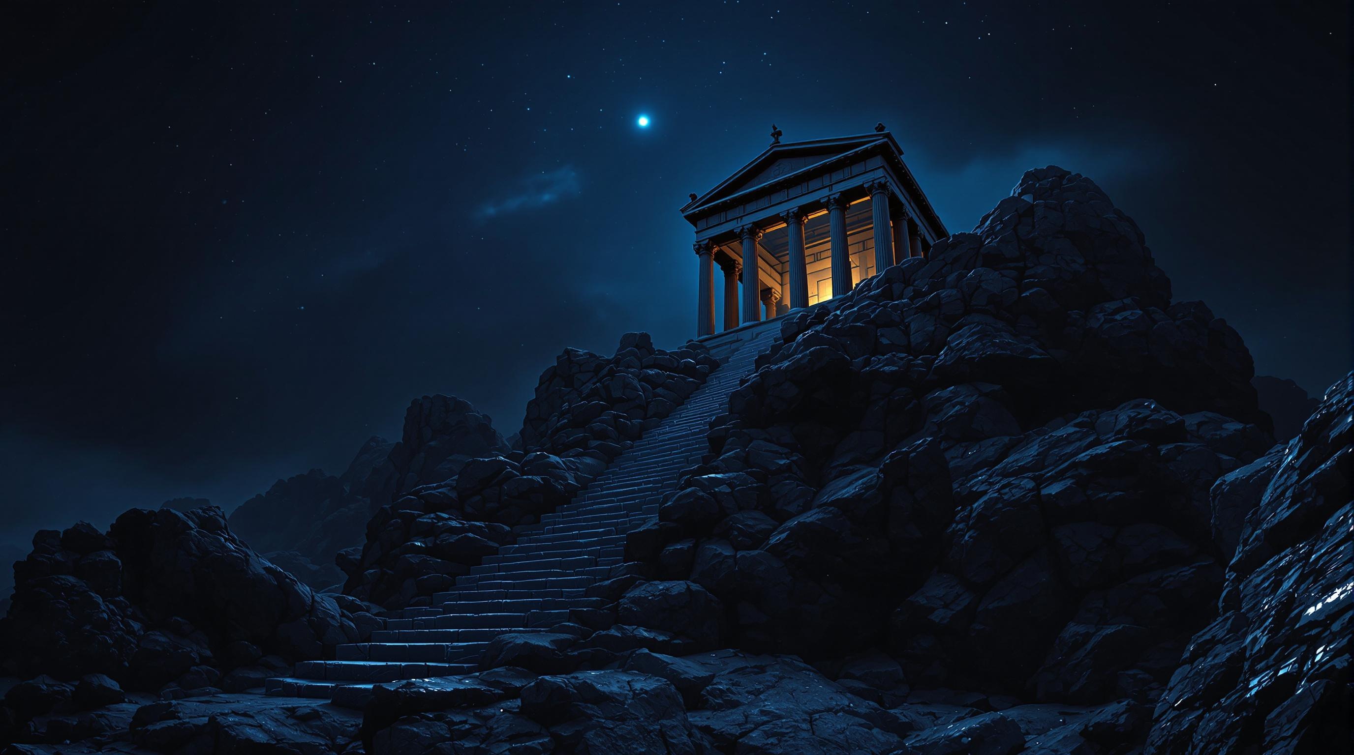 Ultra-realistic cinematic night scene of an ancient Greek temple built on top of a rocky cliff. The temple is dimly lit, with a staircase carved into the rock leading upward. Starry sky above, the scene is quiet and majestic, with dramatic shadows and realistic textures on stone. Cold moonlight washes over the rocks, creating a mysterious and sacred atmosphere. 4K photo-realistic quality, low-angle perspective.