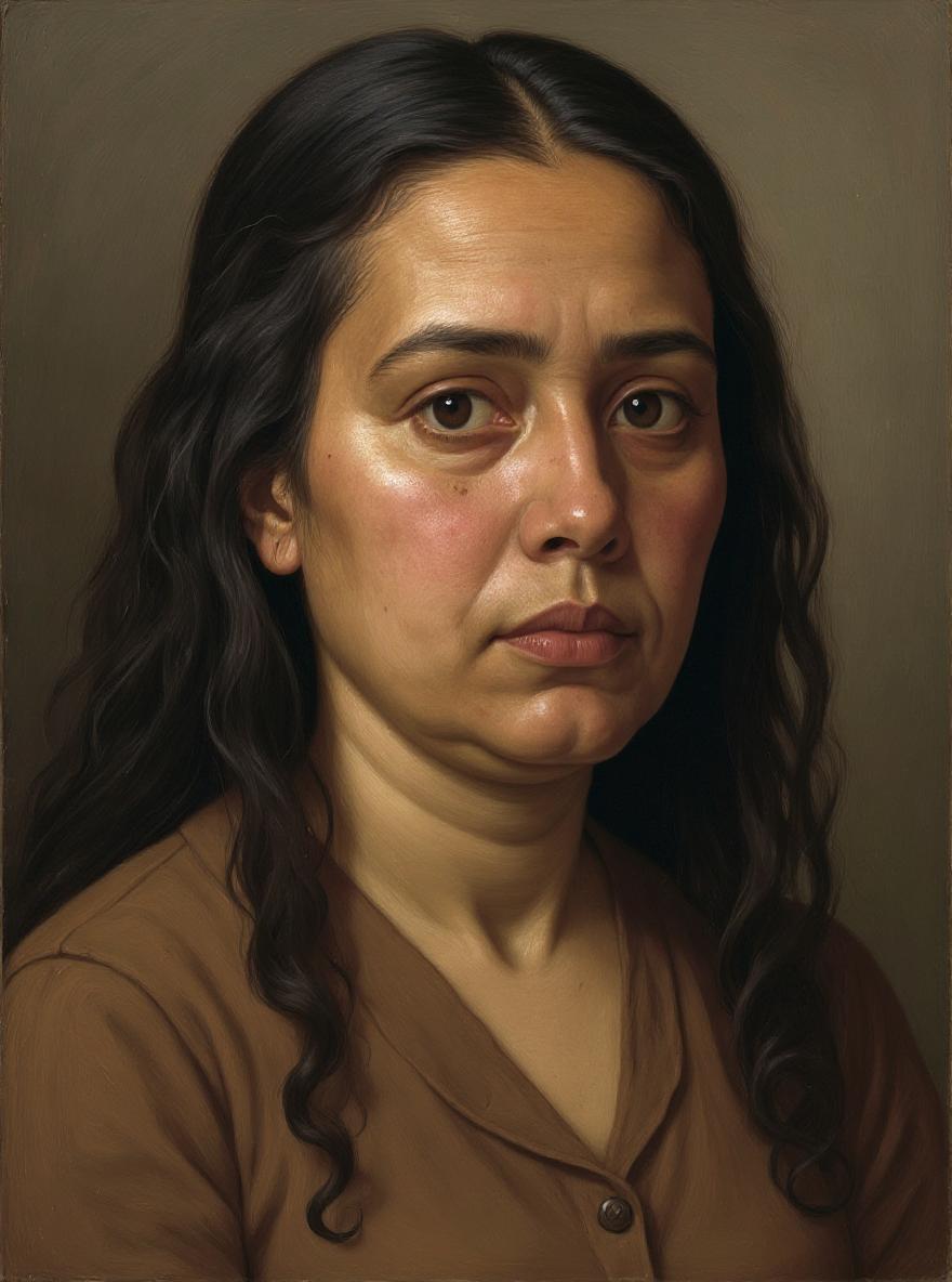 make this image more Filipina looking as if painted in the 1890's. Saturnina Rizal was the eldest sister of Jose Rizal. Use exactly the same facial features as an filipino asian woman not a caucasian, thicker hair and brush strokes as the original photo. Nose is not very tall, not sharp or defined. Mole on the right near her eye.  Skin tone is brown.