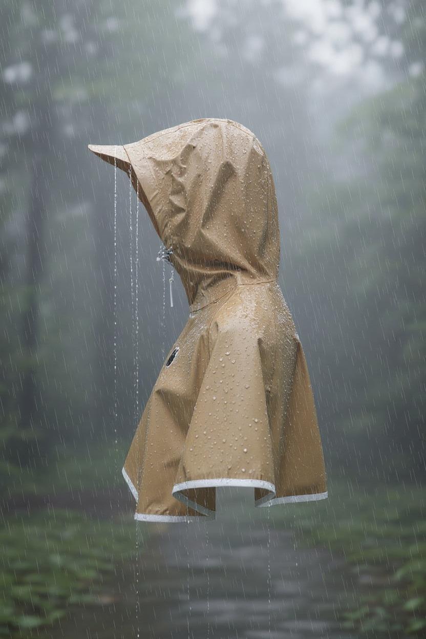 A high-resolution product visualization featuring a single clothing item designed for rainy weather. The garment is the central focus, isolated against a soft, minimal, foggy background. Light grayish-blue tones dominate the atmosphere to suggest a humid monsoon season. Raindrops are actively falling from above and visibly streaming down the surface of the clothing, emphasizing its water-repellent texture. The rain should appear realistic and dynamic, interacting with the fabric – some drops bouncing, others forming thin streams. No other objects or text in the scene. The focus is on the rain and the garment's waterproof performance.