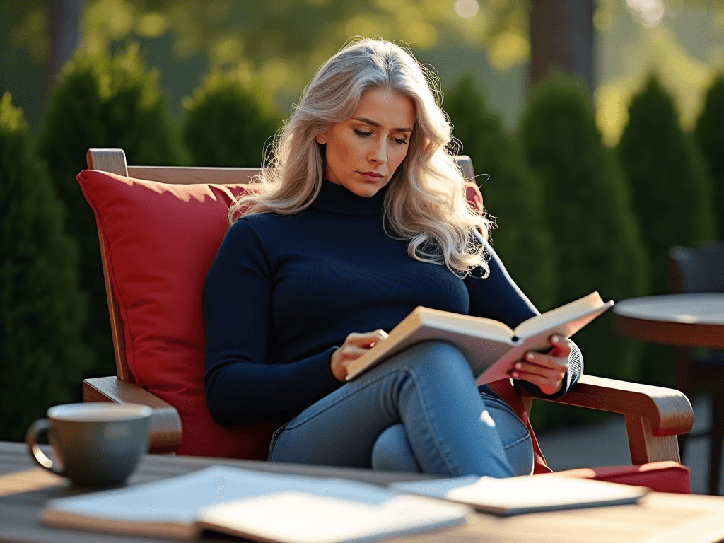 A breathtaking, ultra-detailed 4K photorealistic image of a 59-year-old large stylish American woman with long wavy silver hair and a precise side part, seated gracefully, on a modern red cushion lounge chair on the deck of her elegant cottage home. She gazes perplexed, as reads a notebook and she radiates sadness through her soft expression. Dressed in a stylish navy turtleneck sweater and jeans, her calm demeanor subtly embodies inner turmoil. The table is cluttered with financial documents and a coffee cup, hinting at a busy, complicated and multifaceted life. Noon Sunlight streams through the hedge of tall oak trees, casting shadows that illuminate the space brightly, creating a warm, inviting atmosphere. The backyard features a patio behind her, enhancing the serene, classy ambiance. The composition emphasizes anatomical accuracy, the overall scene evokes a sense of peaceful day. 