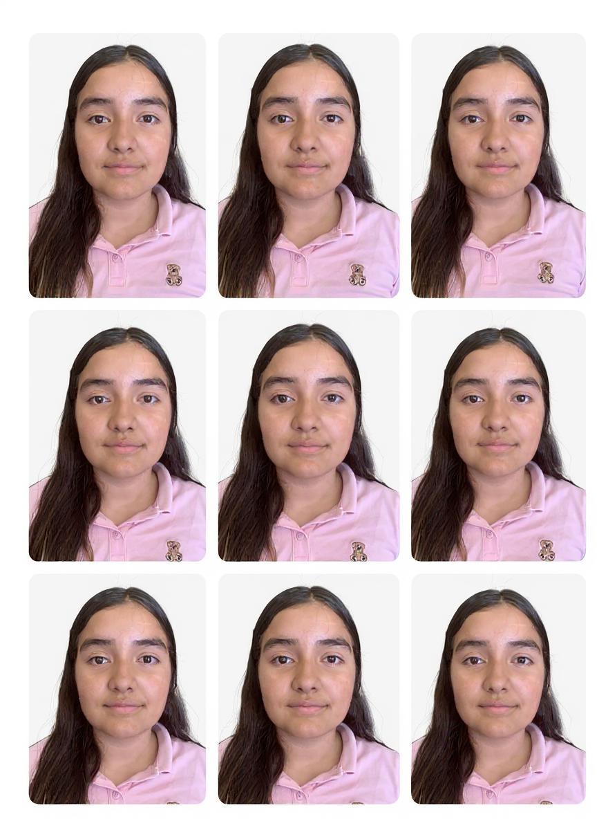 Eres un editor fotográfico experto. Quiero una plancha A4 lista para imprimir con fotos de carnet para España.

Contexto de la imagen de entrada:
• Fotografía frontal de una persona, buena resolución, sin recortes.
• Expresión neutra, ojos abiertos, boca cerrada, cabeza y hombros visibles.

Tareas a realizar:
1. Recorta la imagen para que la cabeza ocupe entre el 70 % y el 80 % de la altura resultante.
2. Reemplaza el fondo por un blanco uniforme y elimina sombras.
3. Corrige brillo y contraste para que el rostro se vea nítido y natural (sin filtros estéticos).
4. Genera copias idénticas al tamaño **32 mm × 26 mm** (formato estándar de foto-carnet española).
5. Crea un documento A4 (210 mm × 297 mm) a **300 ppp**, con:
   · 4 columnas × 3 filas (12 fotos en total).  
   · Margen exterior de 10 mm.  
   · Separación horizontal/vertical de 5 mm entre fotos.  
   · Guías de corte finas (líneas grises de 0,25 pt) formando una cuadrícula.  
6. Sitúa las fotos centradas en cada celda; todas deben tener la misma orientación y tamaño.
7. Nombra el archivo final “fotos-carnet_A4.pdf” y exporta también en PNG (300 ppp).

Salida requerida:
• PDF y PNG en A4, listos para imprimir.  
• Color sRGB, sin compresión extra.  
• No añadas marcas de agua ni texto adicional.
