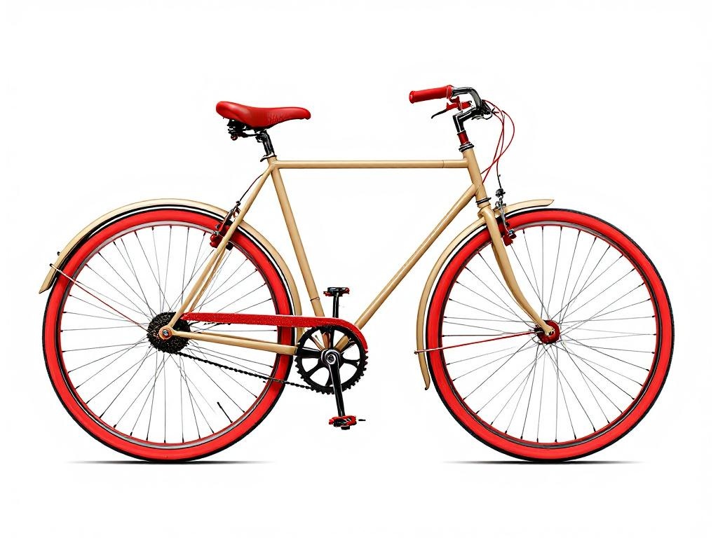 a road beige vintage bicycle with red tires and handlebars, red spokes and gears, against a plain white background