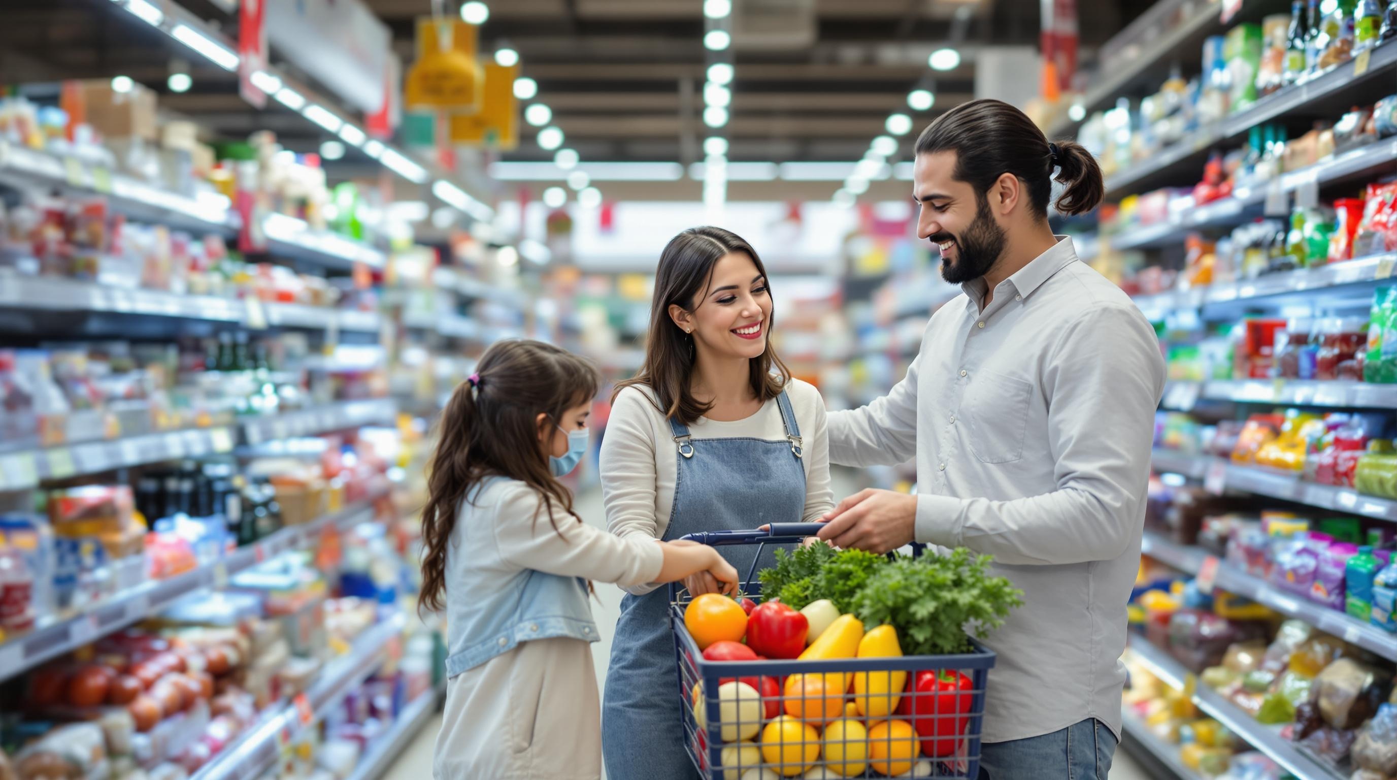 Mom, Dad, and daughter are in the hypermarket. Mom puts groceries in the grocery basket. Create a real image
