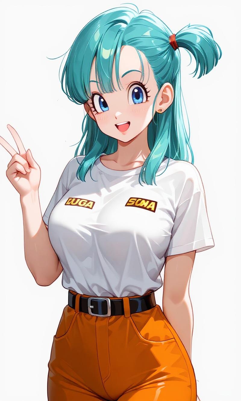 Transfer every graphic element—logos, emblems, text, stripes, and any other markings—from the jersey in Reference Image 2 onto the white T-shirt worn by the anime girl in Reference Image 1. Keep the size, color, placement, and design of each element exactly the same as in Reference 2. Do not change the girl’s pose, the T-shirt’s shape, or any other part of the image; only add the graphics so they look naturally printed on the shirt
