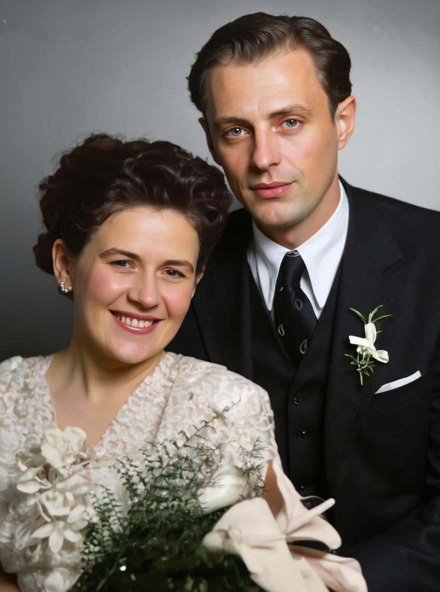 Restore and colorize this vintage black-and-white wedding portrait. Enhance it to look like a high-resolution modern photograph while preserving the original expressions, details, and clothing textures.
The man should have natural light skin tone, light brown hair, and blue or gray eyes. The woman should have fair skin, dark brown hair, and natural rosy cheeks. Keep the bouquet realistic in soft pastel tones. Use gentle, elegant colors fitting a wedding from the 1940s–1950s. Avoid oversaturation. Make the image look natural, clean, and sharp, as if taken with a modern camera