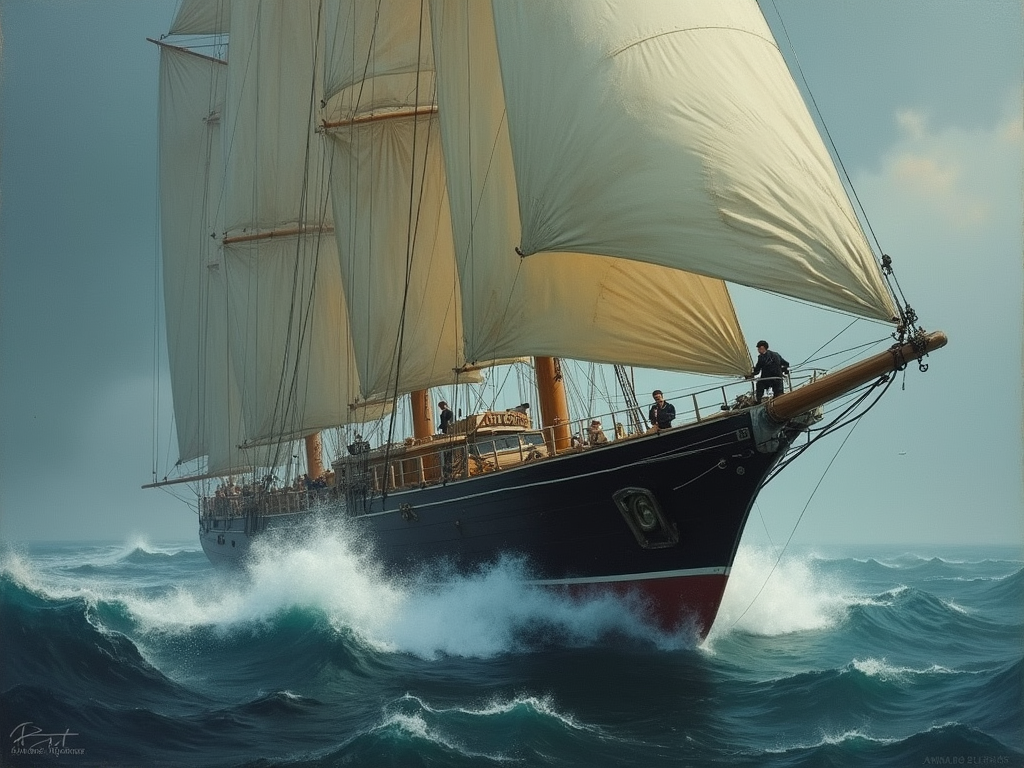 create an image of a painting in which a small old government yacht is sailing through a storm with agents standing on deck, helping the sailors. 
