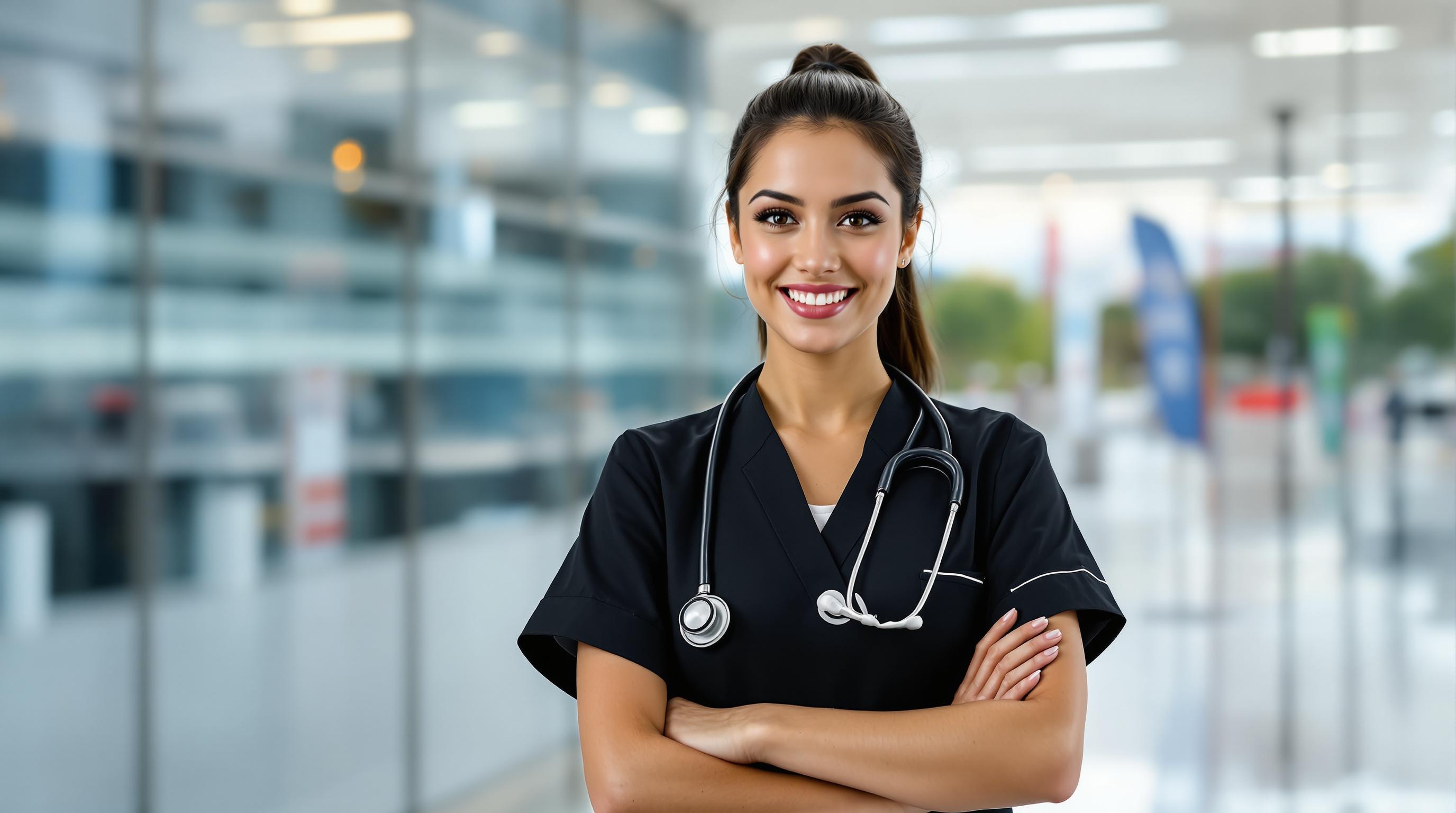Professional cover photo, cinematic style: A nursing student wearing a sophisticated and modern black uniform, with a stethoscope. She is Brazilian, has a cheerful expression, looking directly at the camera with confidence. In the background, a disruptive university campus, reminiscent of an American university hospital, is slightly out of focus. The image should evoke disruption and modernity, making it a powerful and inspiring cover for a guide on advanced study techniques for public exams.
