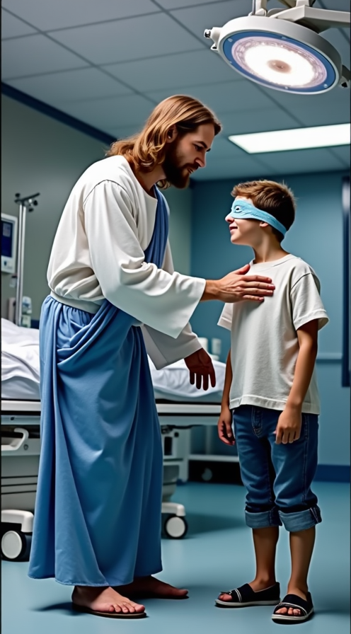 
A serene hospital room featuring a compassionate interaction. In the foreground, a figure resembling a traditional depiction of Jesus, with long brown hair, a beard, and wearing a flowing white robe with a blue sash, gently consoles a young boy. The boy, dressed in a light hospital gown and rolled-up blue jeans, stands with a bandage or blue eye mask over his eyes, suggesting recovery or care. The figure leans toward the child in a comforting and protective manner, placing a supportive hand on his shoulder. The background includes typical hospital elements: a modern hospital bed, an IV stand, and a circular surgical light mounted on the ceiling, casting a bright but soft glow. The scene evokes warmth, hope, and healing in a clinical yet spiritual setting.






