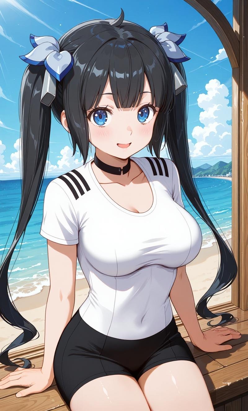 Replace the current outfit with a fully white, tight-fitting shirt that has a black collar and three symmetrical black stripes on each shoulder, like a football jersey. Add tight black shorts. Do not change anything else in the image — keep the background, body, pose, lighting, and all other details exactly the same