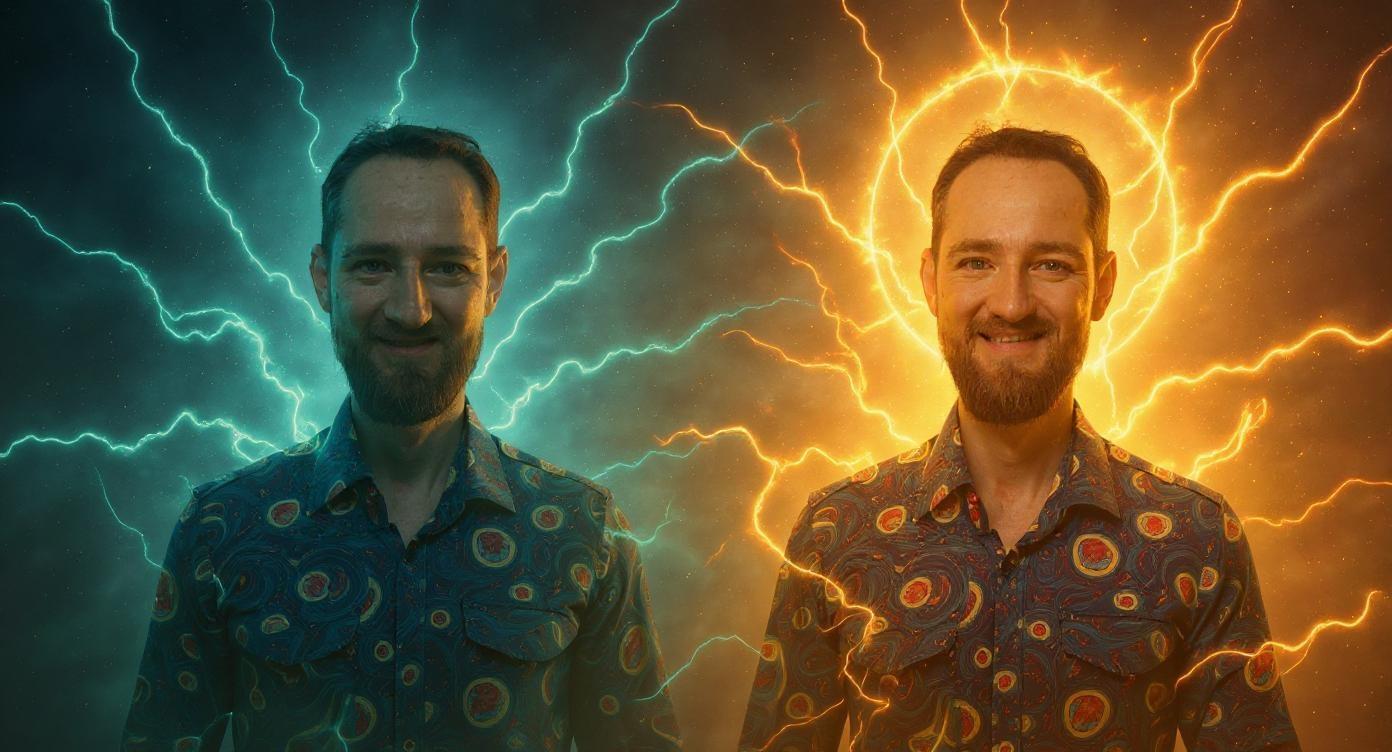 A cosmic background filled with vibrant greenish-acidic hues and swirling energetic streams, creating an epic and intense atmosphere. Two versions of the same man appear in the frame: on the right side, he is joyful and inspired, surrounded by a divine aura blending bright golden and fiery light, radiating warmth and energy. On the left side, he appears sad and heavy-hearted, enveloped in a gray, dark, oppressive aura that feels dense and weighty. Both figures are shown from the chest up, portrayed as ordinary slender men wearing shirts, facing slightly toward the viewer, capturing contrasting emotions and energies. The image is high-contrast, vibrant, with premium-level sharpness and brightness, designed for an eye-catching YouTube thumbnail.