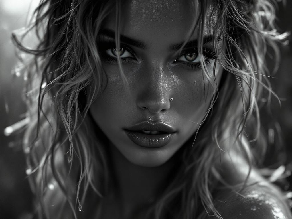 Une magnifique jeune femme latine légèrement métissée style brésilienne aux tres longs cheveux blonds et aux boucles icomme Shakira. Ses yeux sont légèrement maquillés de noir. Une belle bouche sensuellement et très légèrement entrouverte . L'image sera une photo d'art hyper réaliste, photorealiste, en noir et blanc au contraste élevés. Portrait cadrage adapté pour voir sa robe blanche mouillé qui colle à son corps et laisse apparaître ses formes par transparence. Elle porte un piercing au septum, elle regarde l'objectif d'une manière un peu provocante, sensuelle, son maquillage à légèrement coulé sur ses joues. Elle est sous la pluie, un orage, et le contraste de la photo e permet de visualiser les gouttes . la  photo sera nocturne avec un ciel de tempête, aux nuages noirs,et des éclairs en arrière-plan et un flou très réaliste sur le décor en arrière-plan . je veux un angle de photo légèrement en contre plongée  et ma jeune femme légèrement de 3/4
 Je veux de la sensualité, presque de l'érotisme léger .son décolleté laissera entrevoir un tatouage de vévé vaudou sur  le torse . Une bretelle de sa robe tombe nonchalamment sur son bras. Je veux être surpris par la sensualité, le réalisme et la beauté de cette photographie d'art photorealiste . La pluie doit avoir mouillé les cheveux, la robe. Et je veux voir les gouttes qui tombent et ruissellentsur la jeune femme