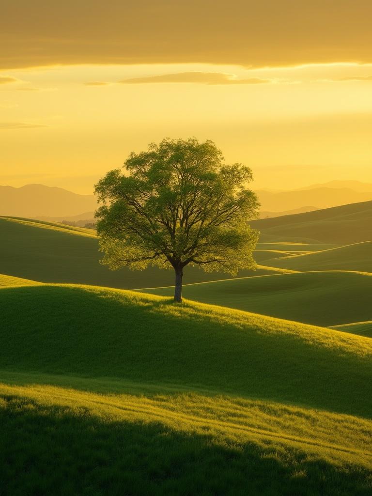 High-resolution, realistic photograph of a solitary tree standing on gently rolling green hills at sunset. Soft golden light creates long shadows and highlights the fine texture of the grass. The sky has warm yellow and golden tones with light cloud cover. The hills have a velvety, almost painterly texture, and the composition is calm, balanced, and symmetrical. The scene is reminiscent of Tuscany or the Palouse region.
Style: Ultra-realistic, cinematic lighting, serene atmosphere
Camera: DSLR, 85mm lens, f/2.8, ISO 100, shallow depth of field
Resolution: 4K or higher