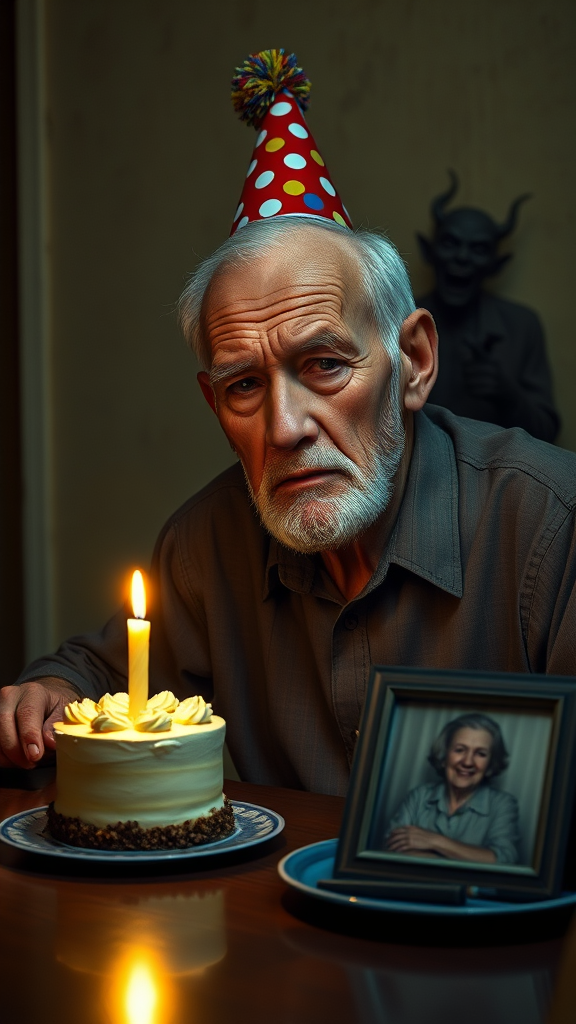 A nighttime indoor scene captured in ultra-realistic photography. An elderly, bald man with sparse white hair and no beard sits at a dark wooden table. He wears a colorful party hat with polka dots and a pompom at the top, a vibrant detail contrasting with the melancholic atmosphere. The lighting is dim and yellowish, emanating from a single candle on a small birthday cake with shiny cream frosting, placed on a blue ceramic plate.

The man’s face reveals deep sadness and reflection, with his wrinkles subtly highlighted by the interplay of light and shadow from the candle flame. On the table next to the cake, a framed photo of his elderly wife reflects the candlelight, suggesting her absence and adding an emotional layer to the scene.

The background features a neutral-colored wall with a worn texture, typical of an old house. In the blurred and indistinct background, a demonic figure is visible, laughing joyfully and pointing at the man, introducing an unsettling note to the composition. The camera is positioned in a medium shot, facing the man directly, ensuring he is the central focus. The entire setting is enveloped in dim light, illuminated solely by the weak yellow glow of the candle, enhancing the somber and lonely atmosphere.
