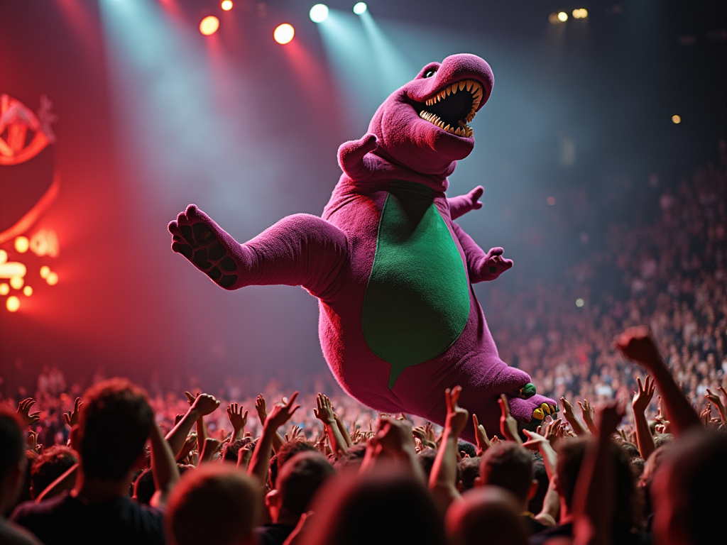 barney-the-dinosaur-crowd-surfing-at-a-5iy26u8wnb