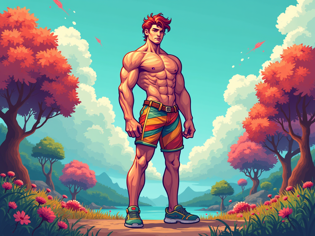 A tall, muscular young man with chestnut hair stands confidently, his broad shoulders and hips accentuated. He is 190 cm tall, wearing a vibrant pixel-art style outfit, surrounded by a colorful, retro landscape filled with pixelated trees and whimsical creatures, evoking nostalgia.