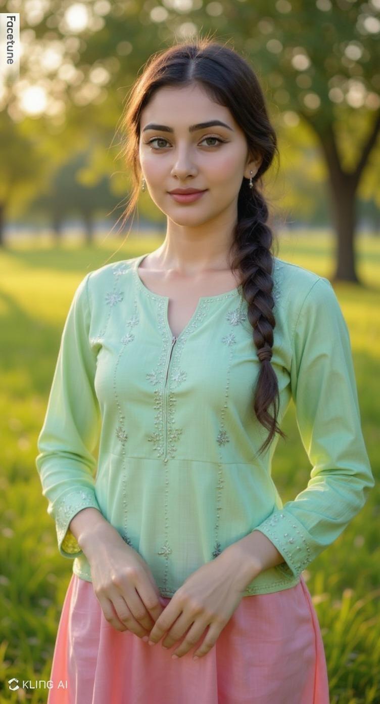 This Pakistani girl with glowing skin and light blue eyes, wearing a pastel green angrakha top with gota detailing, paired with tulip shalwar. Hair in a loose braid, standing under a tree in evening golden light — ultra-realistic lighting, high-res fabric detailing.