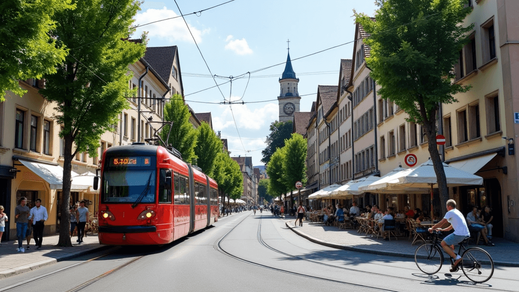 a photo of a beautiful street in Freiburg with a tram passing by and people walking about and riding bikes