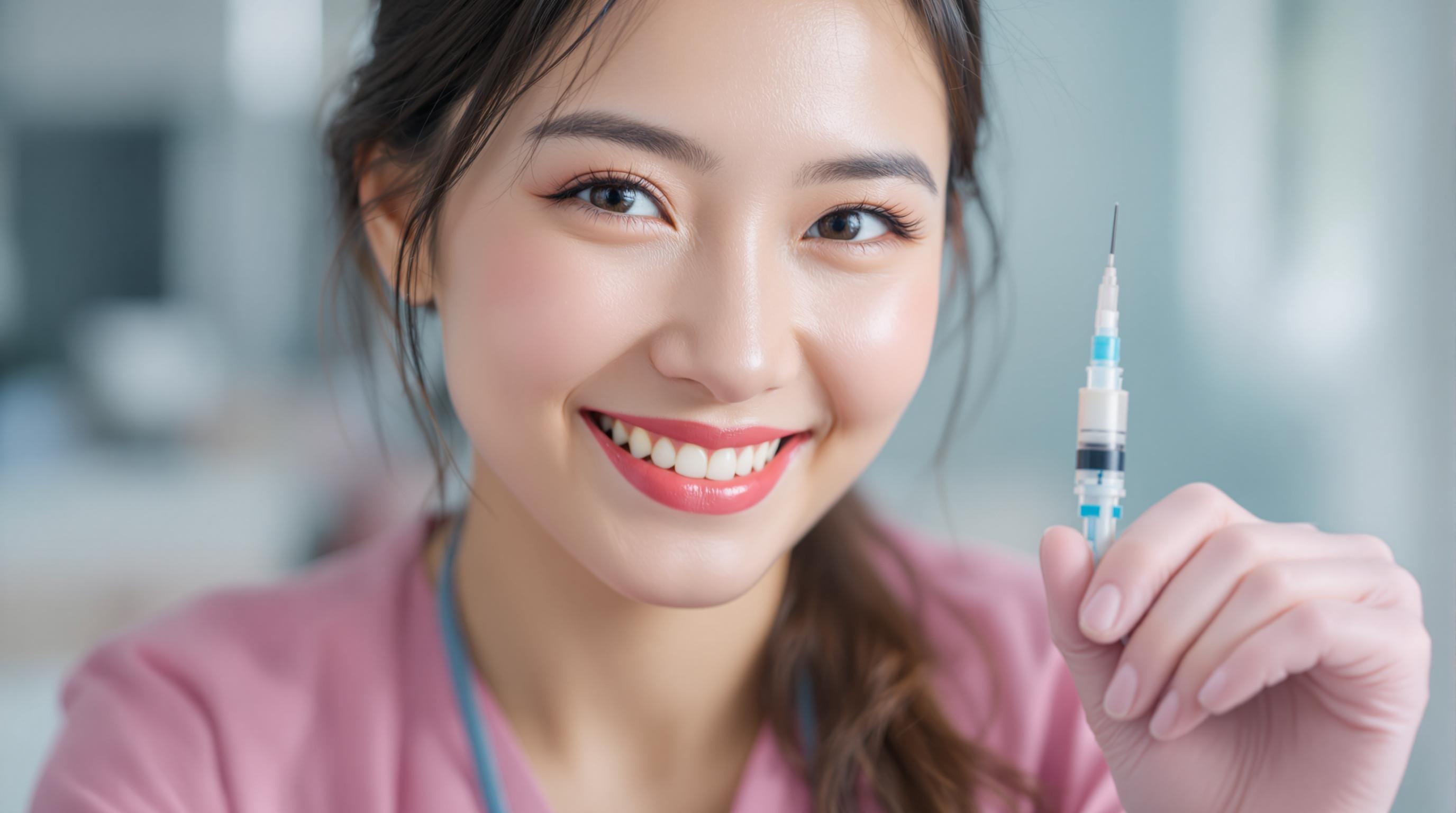 a beautiful chinese nurse smiles at the camera, holding injector in hand