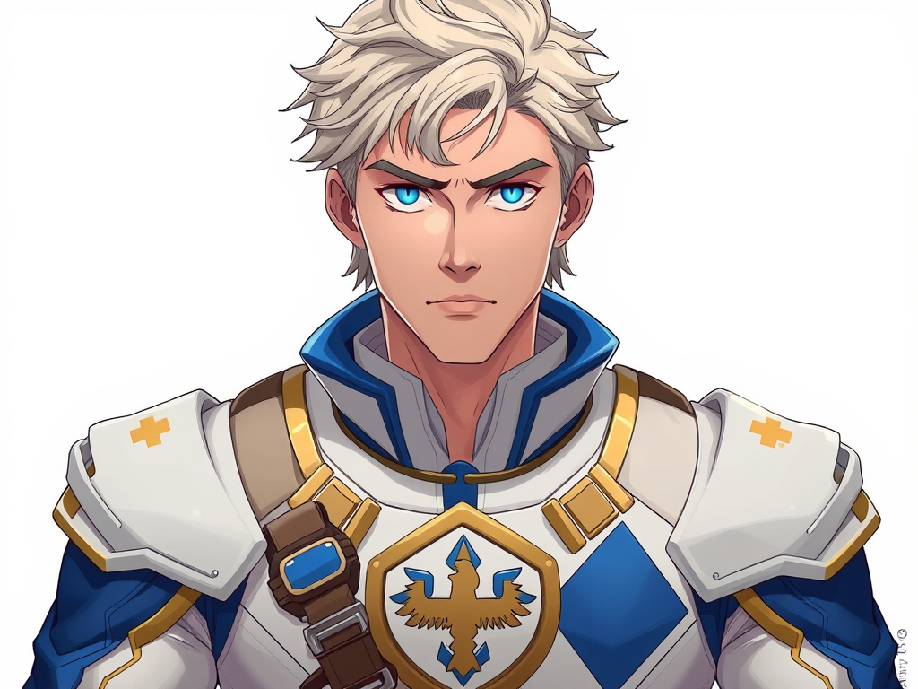 Theo is a young Swiss man with ash-blond hair and light blue eyes that resemble the brightness of the sky reflected in the mountains. Tall and slender, he wears functional clothes and maintains a rustic and practical style, suitable for his adventures in the mountains. His face conveys concentration, with striking eyebrows that, when released, reveal a serene and determined expression.
Now he is wearing a power ranger outfit, in White with gold and royal blue details, with white shoulder pads, symbol of the constellation of Aquila on the chest and without a helmet. 
White background. Anime. CLAMP style