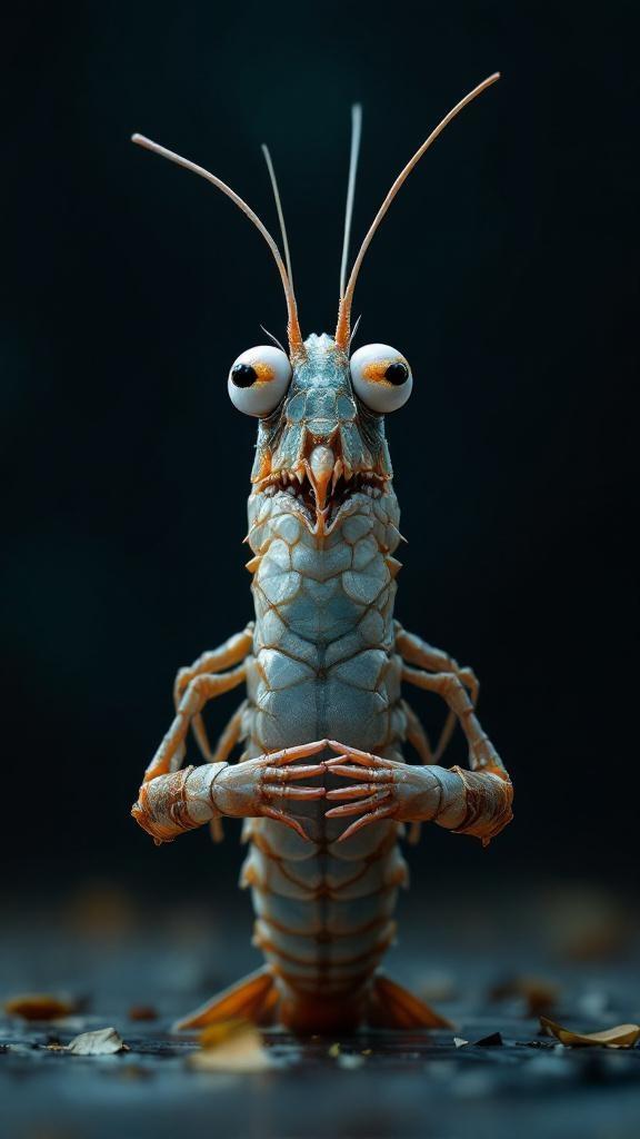 A hyper-detailed shrimp standing upright in a composure stance, posed like a serious orchestra conductor or dignified leader. The shrimp faces the viewer directly with a confident, almost regal expression. Its small claws are folded in front of it as if it’s about to address an audience. The background is simple and softly lit, keeping all focus on the shrimp’s dramatic presence. Style: hyper-realistic with a touch of comedic exaggeration (Pixar/DreamWorks vibe), cinematic lighting, crisp detail, expressive eyes, humorous yet authoritative tone.
