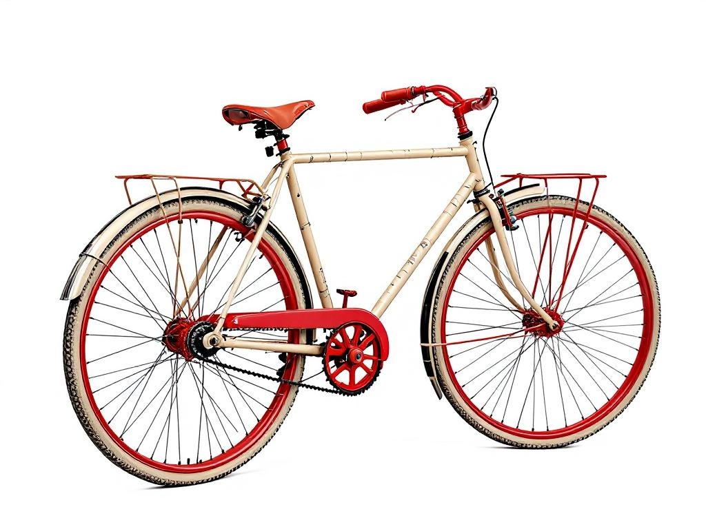 a gravel beige vintage bicycle with red tires and handlebars, red spokes and gears, against a plain white background