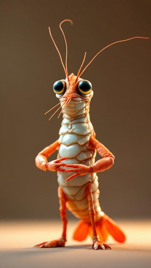 A hyper-detailed shrimp standing upright in a composure stance, posed like a serious orchestra conductor or dignified leader. The shrimp faces the viewer directly with a confident, almost regal expression. Its small claws are folded in front of it as if it’s about to address an audience. The background is simple and softly lit, keeping all focus on the shrimp’s dramatic presence. Style: hyper-realistic with a touch of comedic exaggeration (Pixar/DreamWorks vibe), cinematic lighting, crisp detail, expressive eyes, humorous yet authoritative tone.