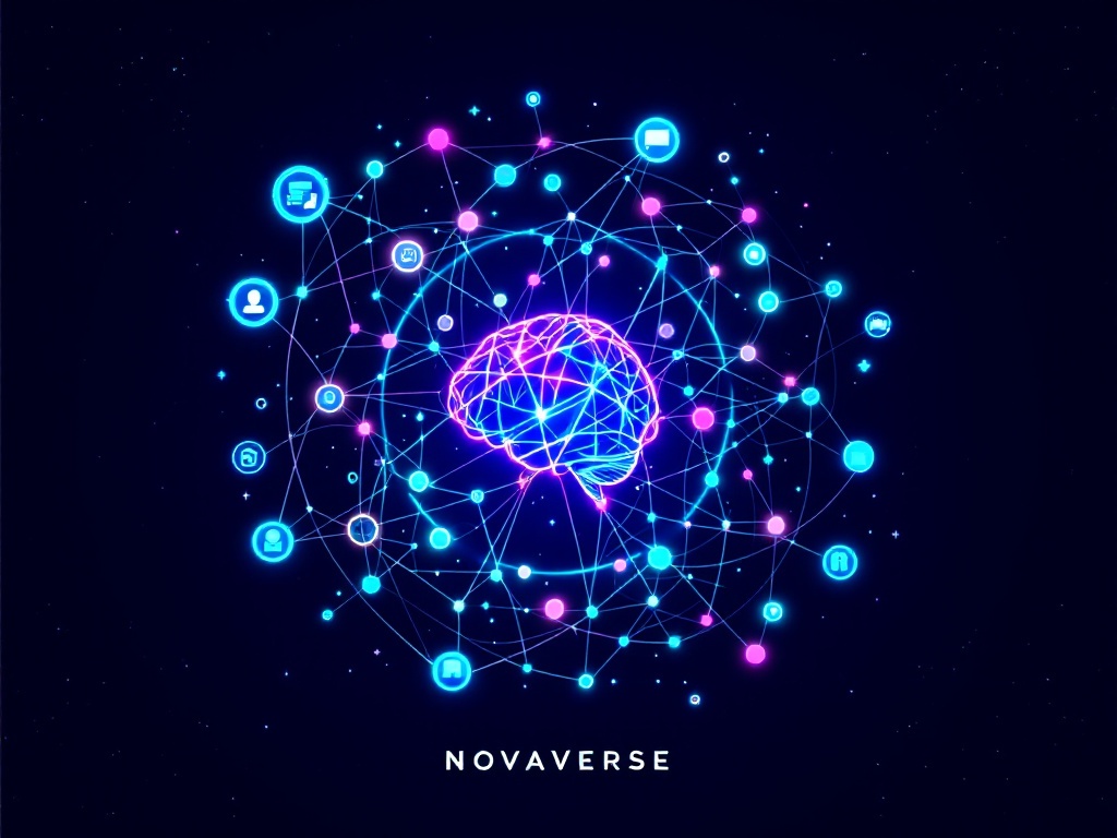 A vibrant, futuristic logo for NovaVerse, a decentralized blockchain, featuring interconnected nodes forming a constellation, rendered in a hyperrealistic style with neon accents; AI represented by a stylized brain, social media swaps as swirling data streams, trading depicted by dynamic graphs, and a digital wallet symbolized by a secure vault; the overall aesthetic evokes a sense of innovation and trust, reflecting the project's core values.
