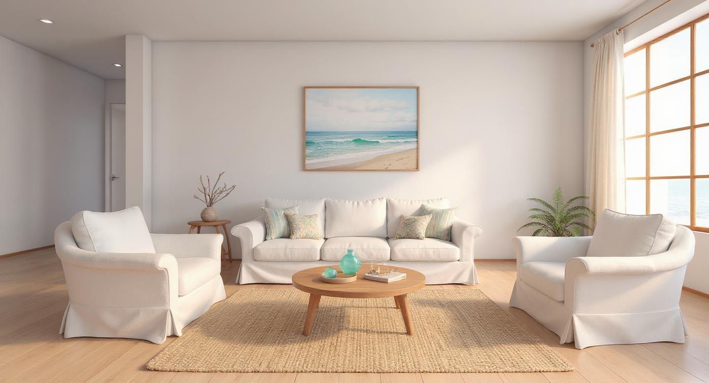 fill up the empty room image with interior from the following instruction

A breezy coastal-inspired living room with a comfy white slipcovered sofa inviting relaxation. The natural textures of a jute rug and driftwood decor pieces echo the seaside vibe while sea glass accents add a splash of color and light