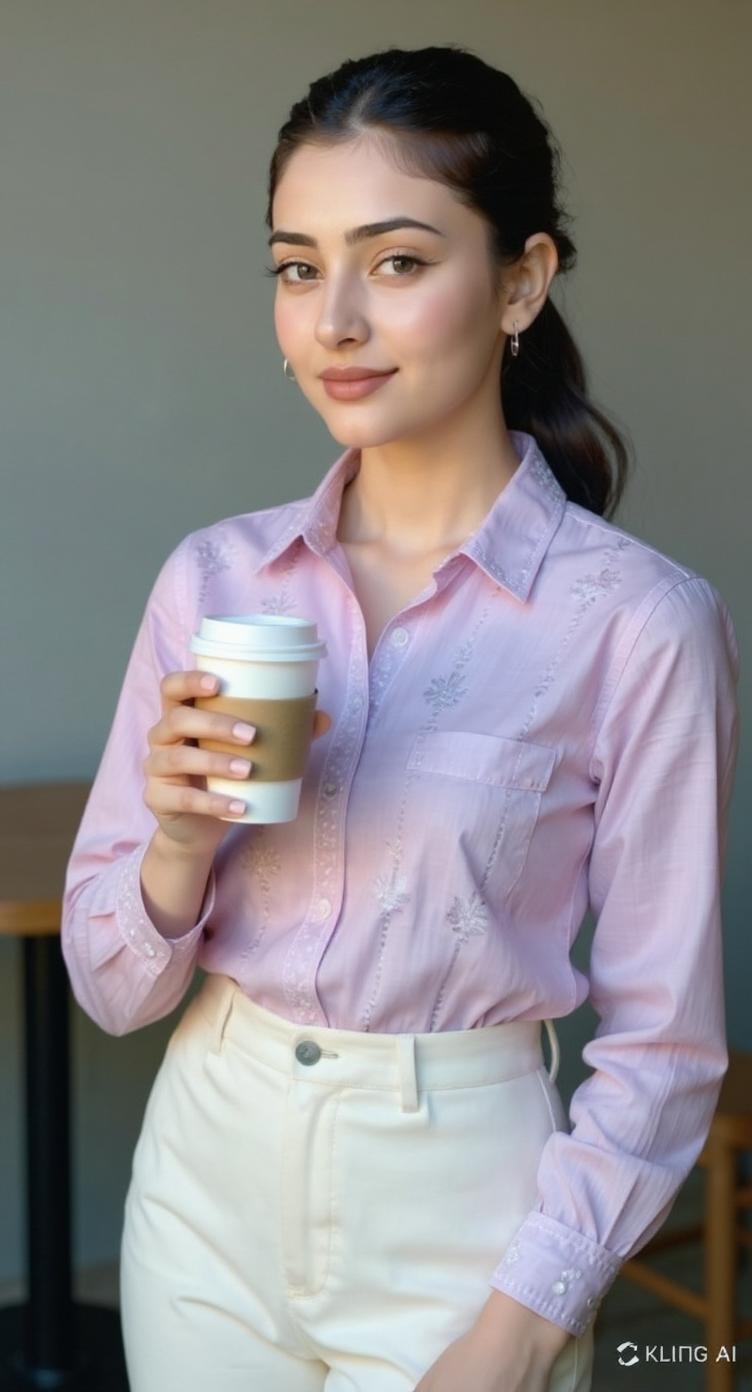 Light brown eyed Pakistani woman in a pastel lavender button-up shirt tucked into high-waisted cream pants. Shirt has delicate embroidery near collar and sleeves. Tied-back ponytail. She’s sipping iced coffee in a minimal cafe setting — ultra-real, lifestyle feel.