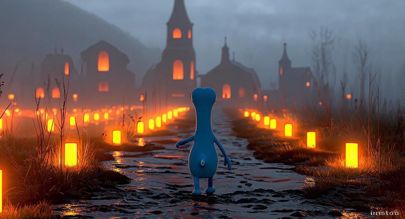 generate a rear-angle shot of this image, with the camera positioned behind the character as she walks through. maintain the same style and lighting as the input image
