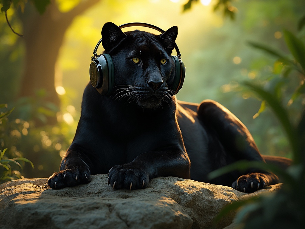 A majestic black panther lounges on a sun-drenched rock, its sleek fur glistening under the golden rays. Large, glossy headphones rest on its ears, blending nature with modernity. The surrounding lush jungle vibrates with life, creating an electrifying atmosphere.
