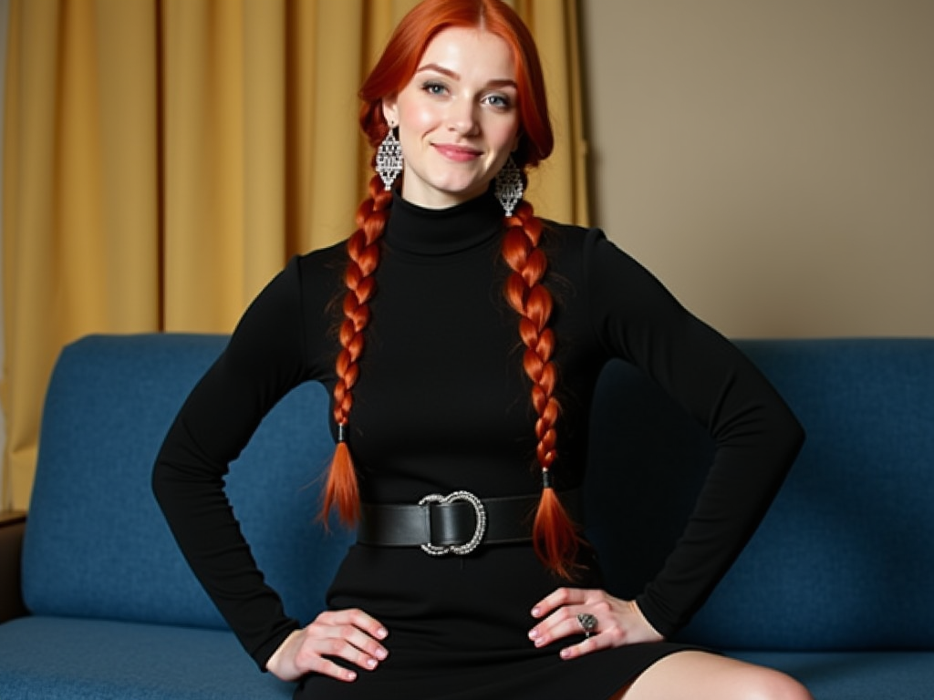 The image is a portrait of a young woman sitting on a blue couch. She has long red hair styled in two braids and is wearing a black turtleneck sweater dress with a black belt around her waist. She is also wearing a pair of silver earrings and has a ring on her finger. The woman is posing with one hand on her hip and the other resting on her thigh. She appears to be smiling and looking directly at the camera. The background is a beige wall with a yellow curtain.