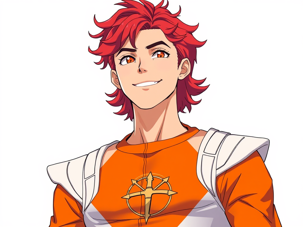 Arin is tall and slender, with curly red hair that reaches his shoulders and light brown eyes that convey joy and enthusiasm. His tanned skin and wide smile reflect his love of freedom and adventure. He dresses in a practical and casual way, with clothes that allow movement and comfort, in vibrant tones and casual prints. Now he is wearing a power ranger outfit, in orange color, with white shoulder pads, symbol of the constellation of Sagittarius on the chest and without a helmet. White background Anime. CLAMP style