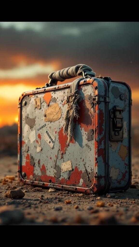 "Create a hyper-detailed, Pixar-style render of a battle-worn metal lunchbox. The lunchbox is rectangular with rounded edges, its once-bright paint now faded and chipped, exposing raw metal beneath. Deep dents and scratches cover its surface, and faint scorch marks hint at past fights. Old, torn stickers cling to its sides, some half-peeled, others covered in grime. The latch is slightly bent, and the handle is wrapped in frayed cloth like a makeshift grip. Small rivets and seams are visible, catching the light from a low, moody sunset. The lunchbox stands on a dusty ground littered with crumbs and debris, giving the sense it’s survived countless battles. Its presence feels tough, unbreakable, and ready for whatever comes next."