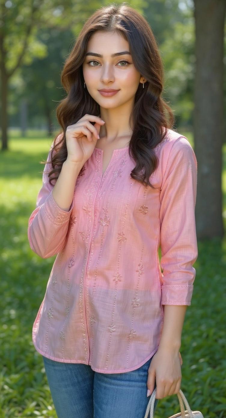 This cute Pakistani woman with light brown , wearing a short pastel pink cotton kurti with white embroidery and fitted blue jeans. Natural straight hair, slight smile, holding a tote bag, standing in a garden. Realistic shadows, depth, detailed fabric folds — ultra-HD, lifelike skin.