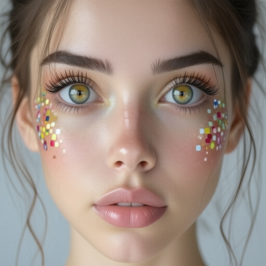 Beautiful young woman face, large apple green reflective eyes.  colorful mosaic accents over face. Colorful bokeh