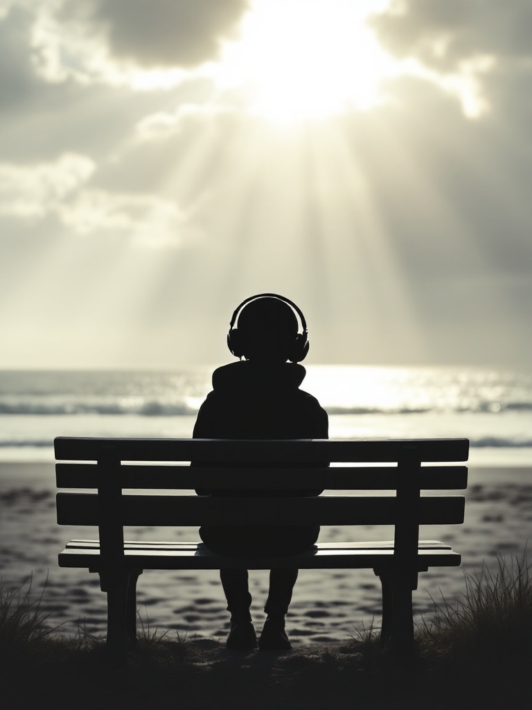 A black stick figure wearing headphones and a hoodie is sitting on a park bench looking out at the beach. The rays of sunshine subtly break through the clouds concealment. 