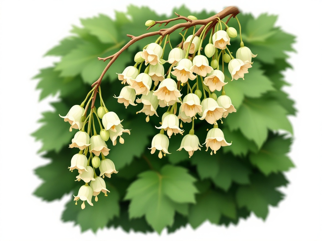 full body, cute 2D illustration, outlined cartoon, white background, A cluster of small, bell-shaped flowers hangs delicately from a thin, woody branch. The flowers are pale green to creamy white, with a soft pinkish tinge around the edges of their scalloped petals. Each flower droops gracefully, creating an elegant appearance. The background features lush green foliage, indicating a natural woodland or forest habitat. This plant is likely a type of shrub or small tree commonly found in temperate forested areas.. 