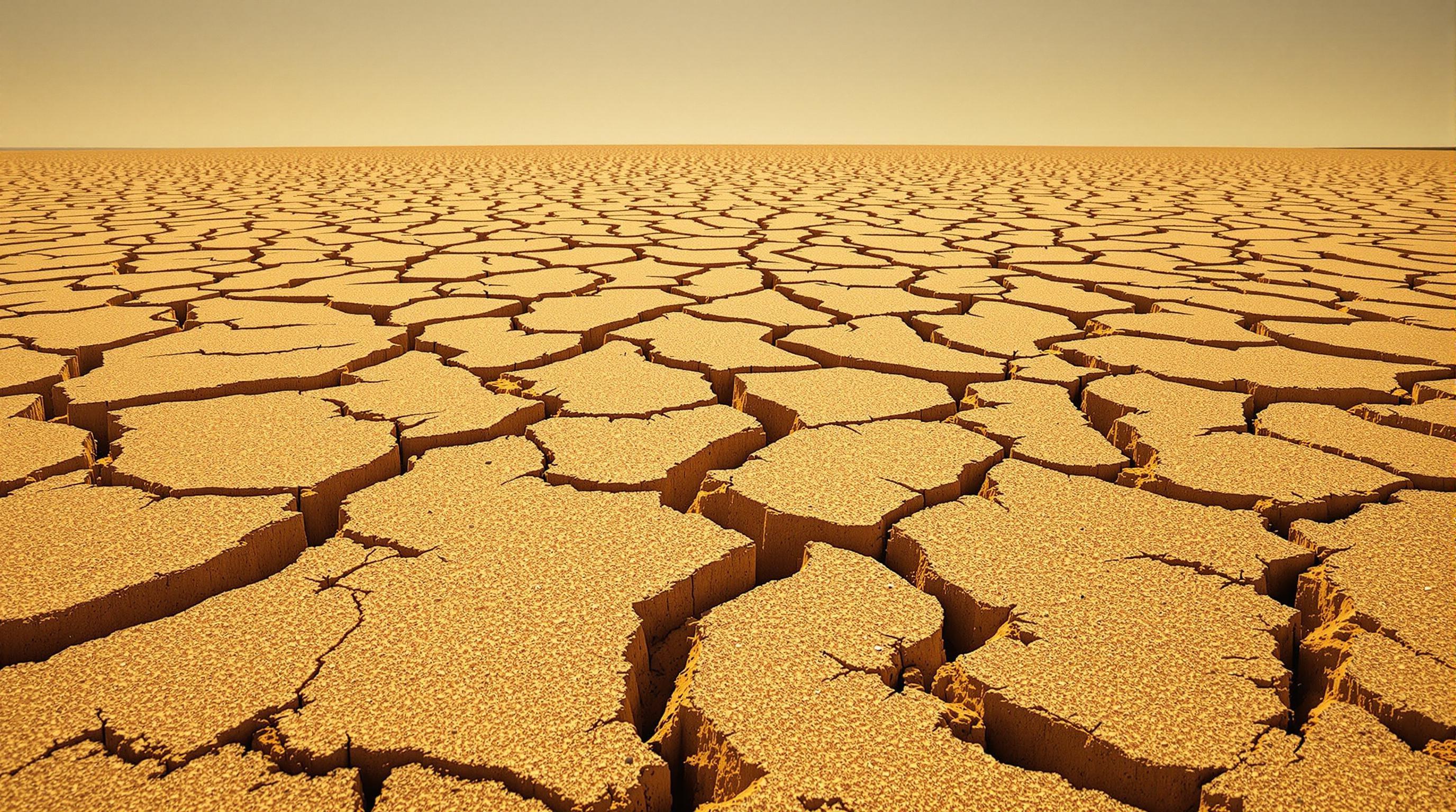Desert ground scorched by extreme drought. Deep cracks run through the dry, dusty earth, forming an intricate web of broken patterns. The soil is parched and lifeless, with no vegetation in sight. The air shimmers with heat, and the horizon fades into a hazy, arid emptiness. Harsh, unforgiving environment under a blazing sun.
