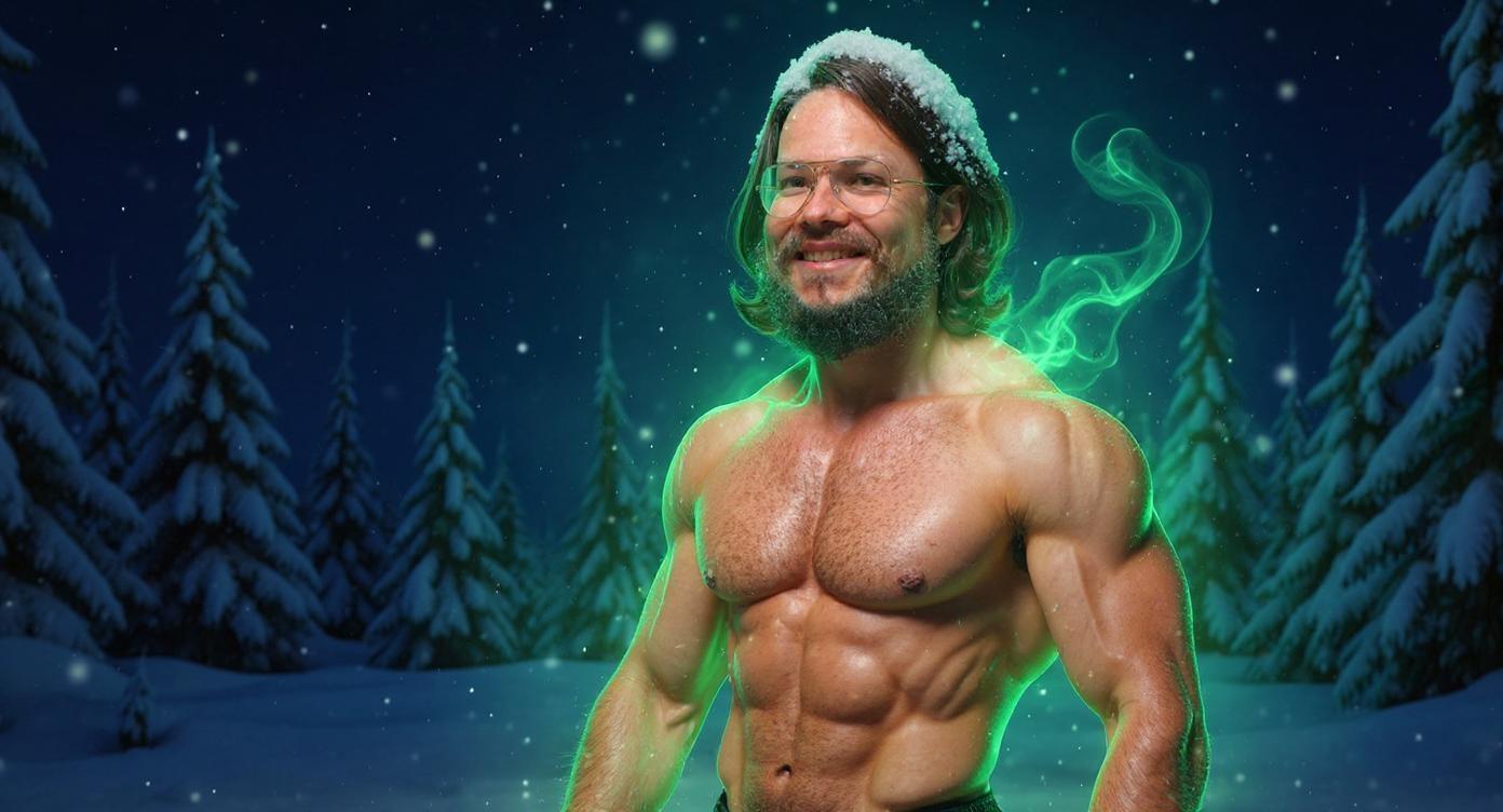 A fit, lean man is positioned firmly against the right edge of the frame, with no gap between his body and the right border of the image. He is shown from the chest up, shirtless, confidently flexing his bicep with his arm slightly lowered for a natural, relaxed pose. He is surrounded by a vibrant green glowing aura softly emanating from his body. Wisps of warm vapor rise gently from his skin, adding a misty breath effect that contrasts with the cold environment. The background depicts a winter night forest filled with blue fir trees under a starry sky. Snow gently falls from the sky, with a thick cap of snow resting on his head like a hat and a layer of snow settled on his shoulders, enhancing the cold, serene atmosphere. The dark, snowy setting contrasts beautifully with the bright green aura around the man. The scene features sharp, high-contrast lighting that highlights his muscle tone and facial features. The composition is bold, dynamic, and designed as an eye-catching YouTube thumbnail.