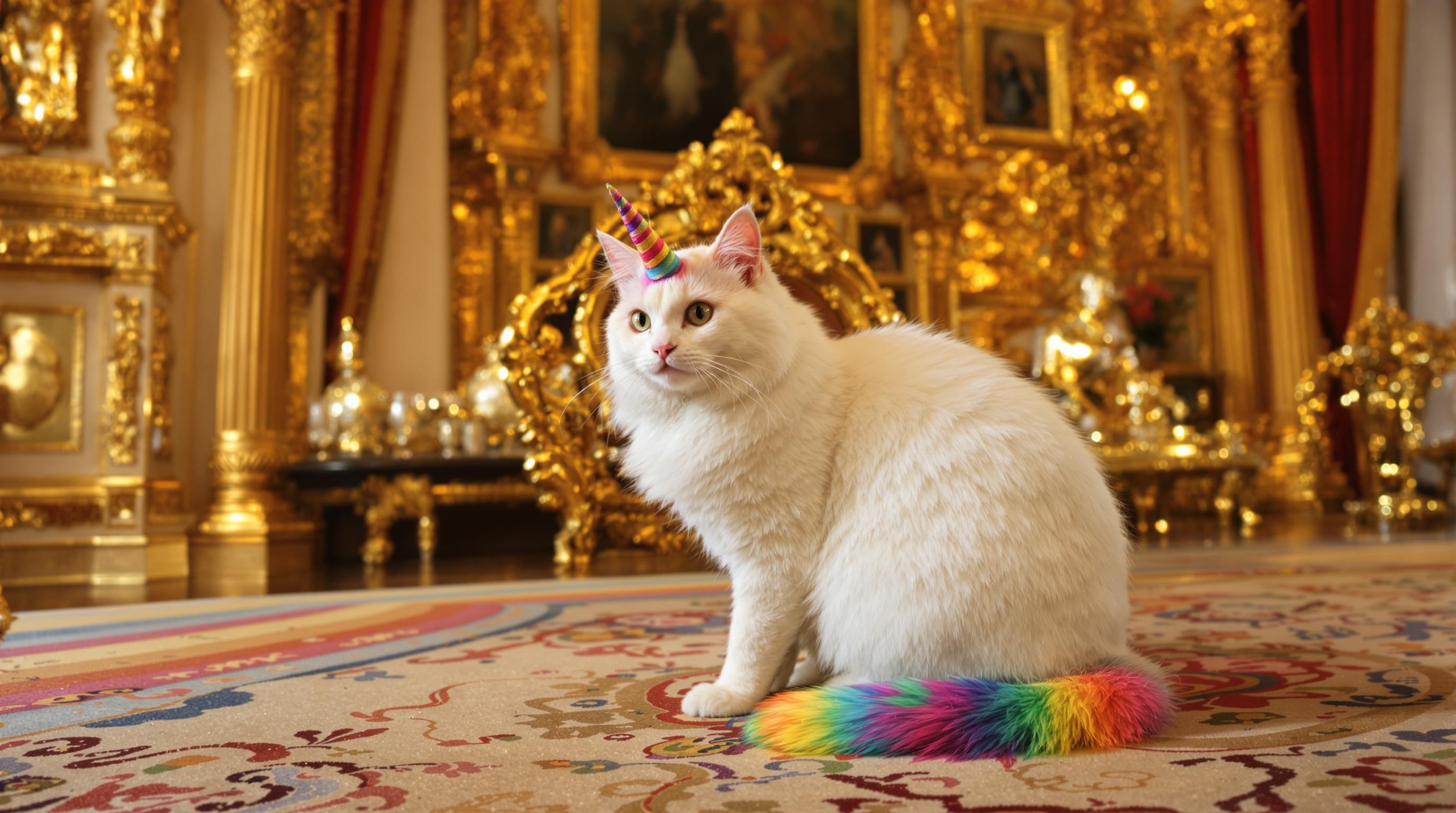 A white cat with rainbow colors on its tail and unicorn-style horn in the room of a golden palace