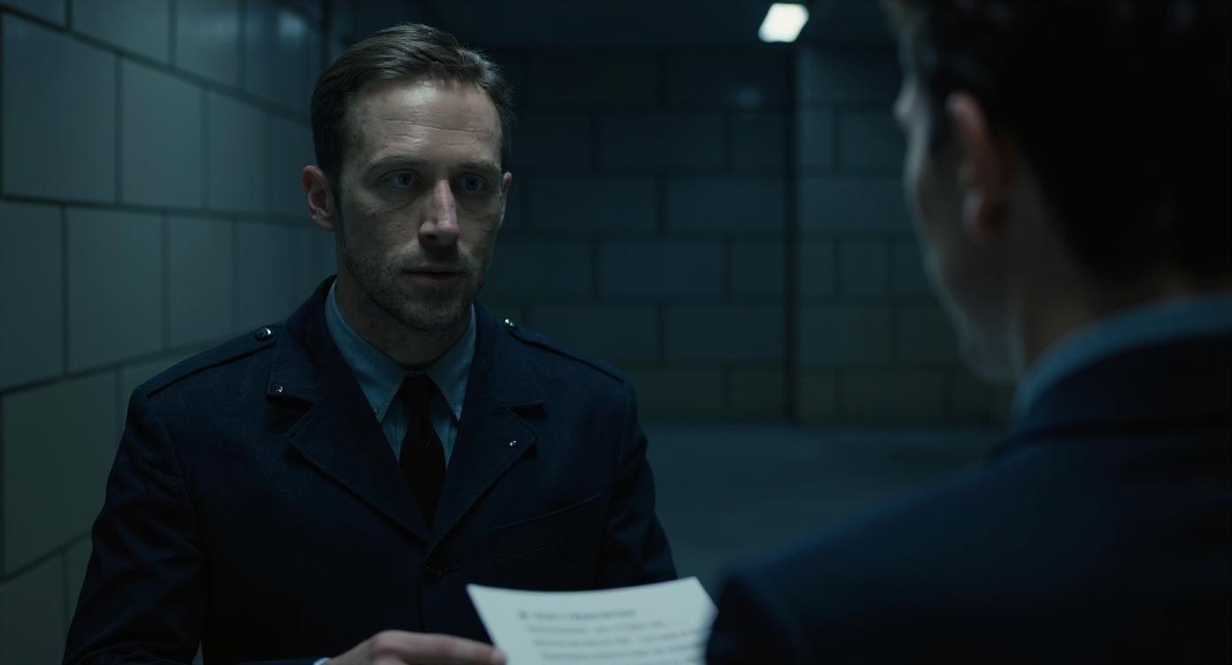 Add conversation context. Position Winston in LEFT third of frame looking toward right side, add Julia's shoulder and partial silhouette blurred on right side of frame. **16:9 widescreen format**, close-up from chest up, holding document, concrete corridor background, **FREEZING BLUE FILTER**.
