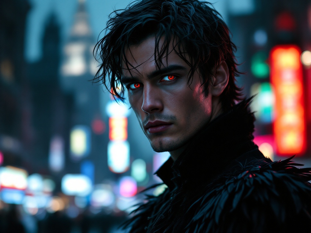 A close-up portrait, cinematic lighting, a man in his late twenties with dark, tousled hair, piercing crimson eyes, a serious, almost brooding expression, gazing directly at the viewer; he's clad in a black velvet doublet, adorned with raven feathers at the shoulders, against a blurred cityscape backdrop of towering gothic architecture, neon signs casting an eerie glow, conveying a dark, ominous, and mysterious atmosphere, reminiscent of a film noir still.
