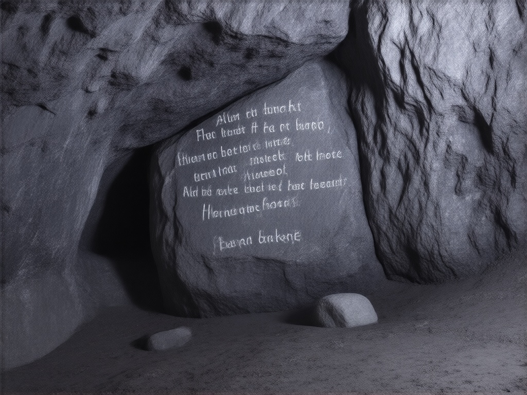Etched alien rock texts on the walls in a dark cave, dim light, comic style 