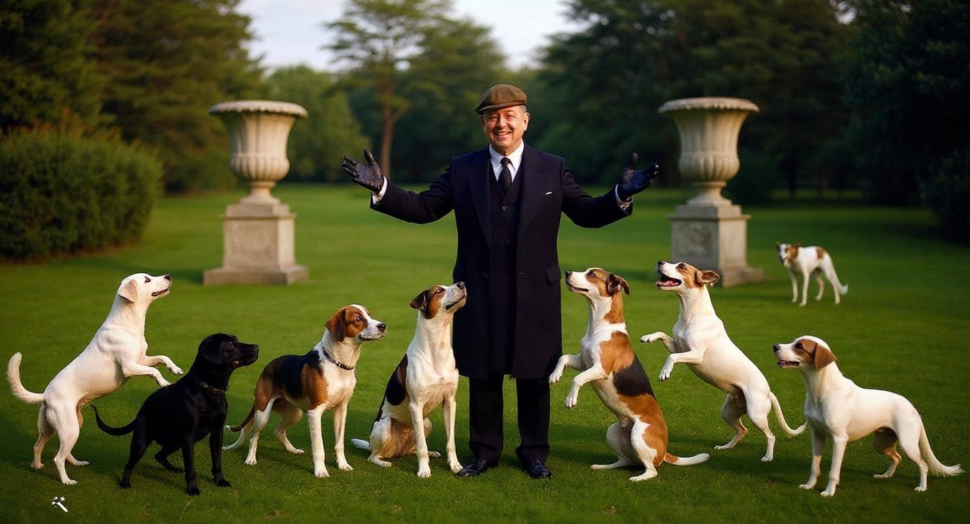 Early-1900s Italian villa garden, cinematic hyperrealism, ultra high resolution.

SUBJECT (center):
A distinguished man (Gabriele D’Annunzio) stands on manicured green grass, torso angled 20° left, slight smile, eyes toward the dogs. Dark formal overcoat to mid-thigh, crisp white shirt and tie visible at collar, brown flat cap, black leather gloves, polished black shoes. Arms open at chest height (elbows ~90°), palms slightly up as if greeting the pack.

DOGS — exact count: 11 (positions given left→right, foreground/midground/background):
1) Far-left edge, foreground: tall white dog with tan head, mouth slightly open, body facing right toward the man, tail up.
2) Left-foreground, slightly behind #1: small black dog, short glossy coat, standing still, head tilted up.
3) Left-midground: white dog with large brown patches, long feathery tail, front paws lifted looking up.
4) Left-midground (in front of #3): short tri-color (white/brown/black) spaniel-type, hindquarters low, about to jump, ears flared.
5) Left-center: slim tan/black sighthound, back arched, forepaws lifted, neck stretched upward.
6) Center cluster, front: tri-color dog looking up, ears perked, chest forward.
7) Center cluster, behind #6: white dog with small brown patches, head thrown back mid-bark.
8) Immediate right of center: tall slender white dog on hind legs, front paws resting gently on the man’s chest; long tail down; attentive gaze to his face.
9) Right-foreground: brown/white medium dog, body angled left, watching the interaction.
10) Right edge, foreground: small white dog with brown mask and brown patch on rump (Jack-Russell type), standing profile facing left, tail relaxed.
11) Background far-left lawn: distant slim white/tan sighthound walking away toward deep garden.

ARCHITECTURE & GARDEN:
Behind the man: two monumental carved stone urns on pedestals (one left, one right), classical garland reliefs. Left urn overflows with arching palm fronds; right urn bare with vine-wrapped stem. Dense, manicured dark-green hedges behind; tall conifers at far left. To the right: villa façade in warm beige stucco, tall window with blue wooden shutters half-open; shallow wall shadow falls diagonally down-left. Grass is short, velvety, with subtle mower lines and occasional dew sparkle.

LIGHTING & COLOR:
Late-afternoon golden light from camera-left at ~35° elevation; soft, long shadows falling to the right; gentle highlight roll-off on coats and urns. Natural color grading: deep greens, warm stone beiges, slate-blue shutters, lifelike skin tones; micro-contrast in fur; no color cast.

CAMERA & RENDERING:
ARRI Alexa 65 look, 35mm lens equivalent, eye-level framing slightly below head height; aspect ratio 16:9; focus on the man and dogs #6–#9, background softly defocused (bokeh circular, unobtrusive). f/2.8 look, 1/200s, ISO ~400; crisp detail on fabric weave, leather glove sheen, individual dog whiskers; subtle film grain; no motion blur, no halos, no plastic skin.
