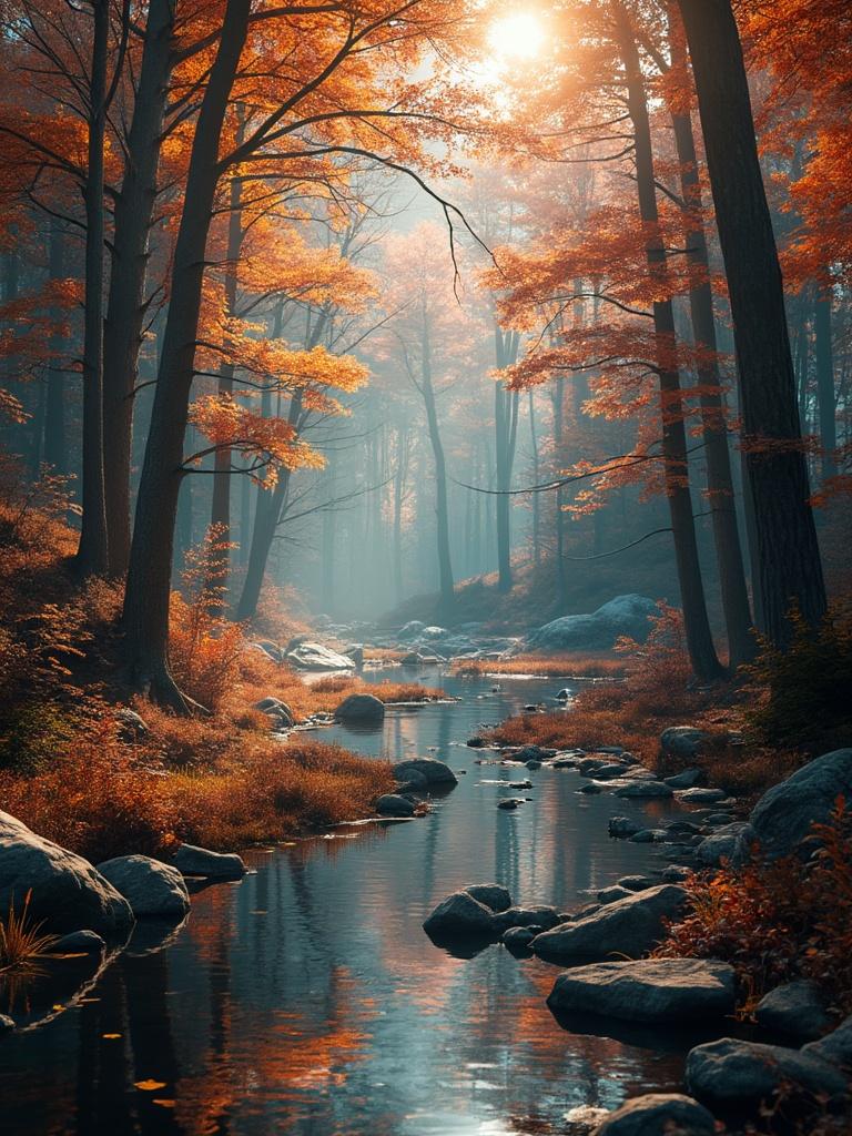 A hyper-realistic scene showcasing [insert key elements of the photo, like a  autumn forest .] The composition is rich with intricate details and vibrant colors. Lighting is soft yet dynamic, casting subtle shadows and highlights. Textures are highly defined, such as [describe textures, e.g., rugged bark on trees, shimmering water]. The overall style is cinematic with a balanced mix of realism and artistic flair. The image is rendered in 4K resolution, emphasizing fine details and depth, while maintaining an ultra-clean and polished aesthetic.