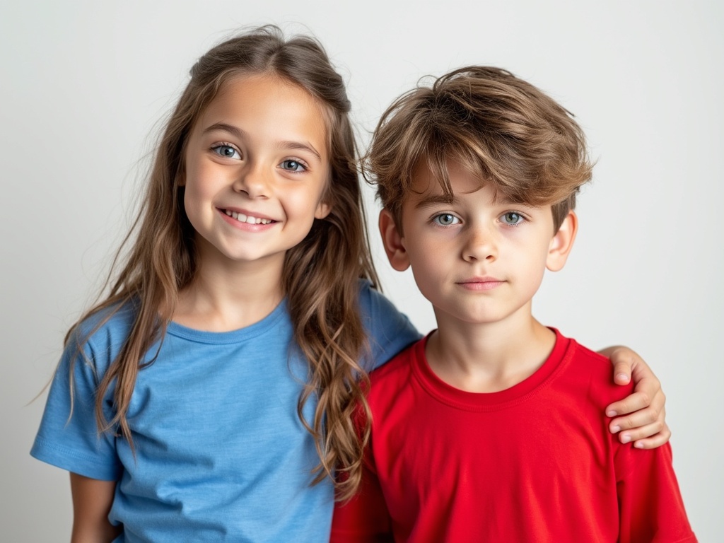portrait of 8 years old girl and boy.  Girl wearing blue tshirt. Boy wearing red tshirt. They are standing opposite to camera. White background