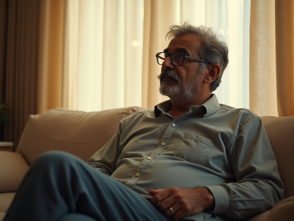 "An Indian middle-class father sitting on a couch, relaxed and thoughtful, wearing a light grayish-blue button-up shirt with glasses. The background has beige curtains softly illuminated by natural light, creating a serene and introspective atmosphere. The room has a cozy, middle-class household feel with warm, muted tones. Ensure the colors are true to the reference, with natural light casting a soft glow across the scene."